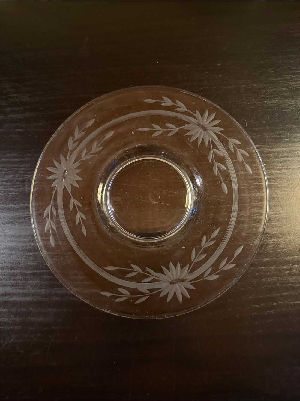 Vintage Etched Glass Dessert Plates with Floral Wreath Design, set of 7